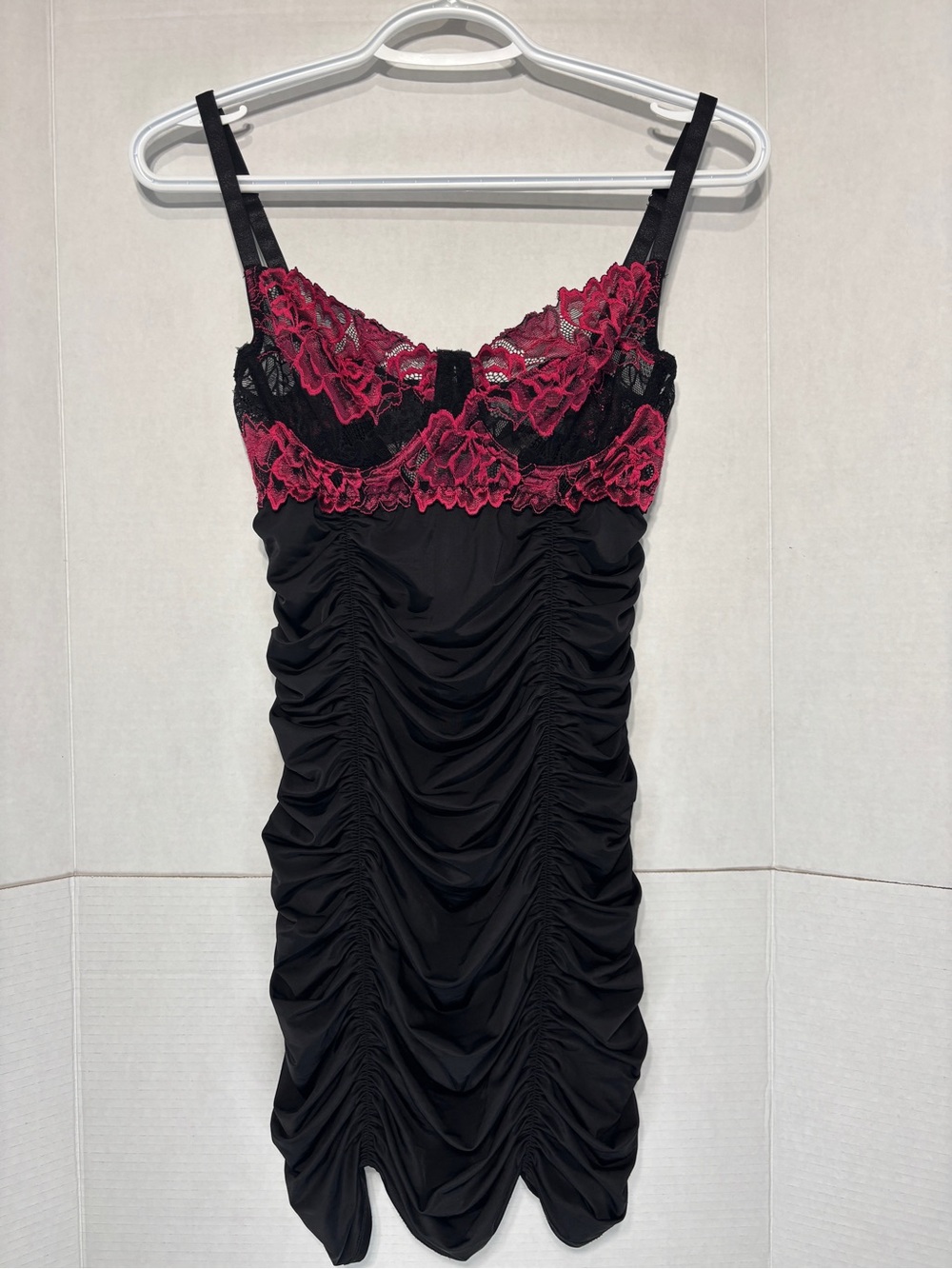 Coquette Small Black Chemise Pink Lace Bodice Ruching Sexy Slip Dress Sleepwear